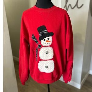 Jerzees Red Snowman Large Applique Sweatshirt Women Winter Holiday Cozy Pullover